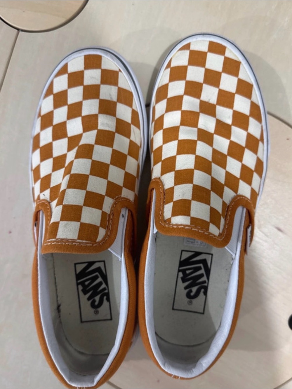 Vans Womens Checkerboard Slip-On Sneakers - Orange and White